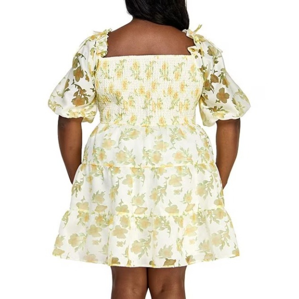 Layered With Love Dress Womens 2X Yellow Fade Floral Square Neck Tiered Jacquard - Picture 2 of 11